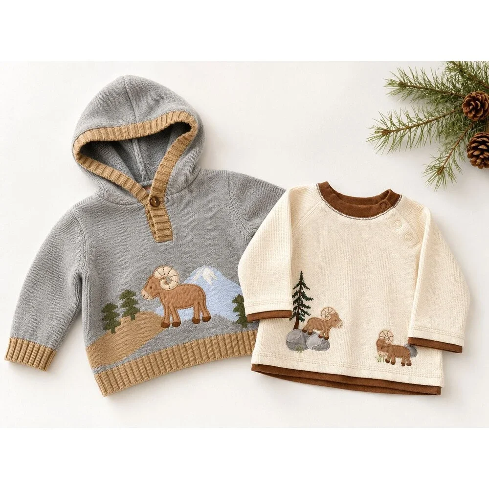 Gymboree Baby Outfit Set 6-12 Months Mountain Ram Hoodie Sweater & Thermal Top